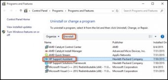 Image of the Uninstall screen from the Control Panel with HP Support Assistant highlighted.