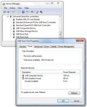 USB hub properties showing a listing of devices with their required power usage